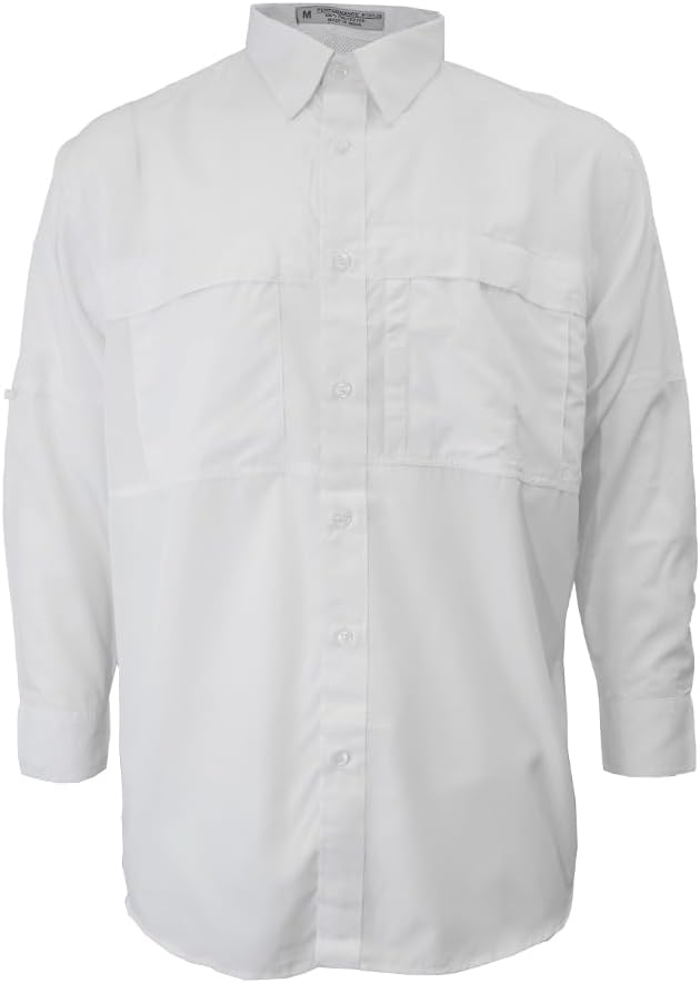 Men's Pescador Long Sleeve Fishing Shirt, Lightweight Polyester Button Down with Vented Back - Standard White
