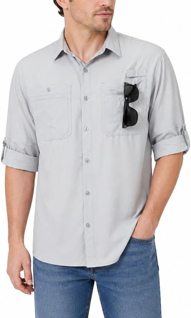Ousafeve Men’s Fishing Shirts Long Sleeve Safari Button Down Shirts - Silver Grey