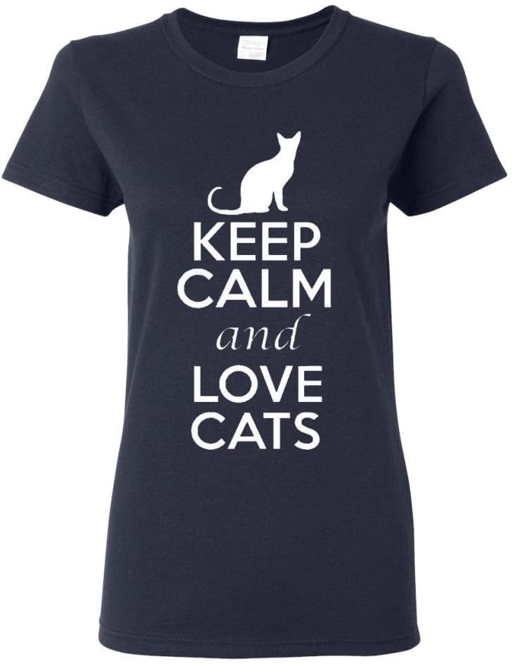 Ladies Keep Calm and Love Cats T-Shirt Tee - Navy Blue