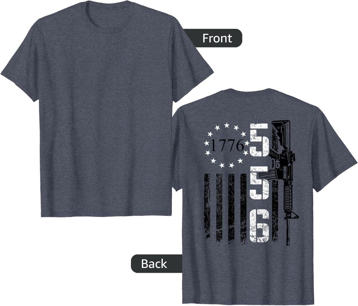 5.56mm Ammo - 2nd Amendment Pro Gun AR15 (ON BACK) T-Shirt - Heather Blue