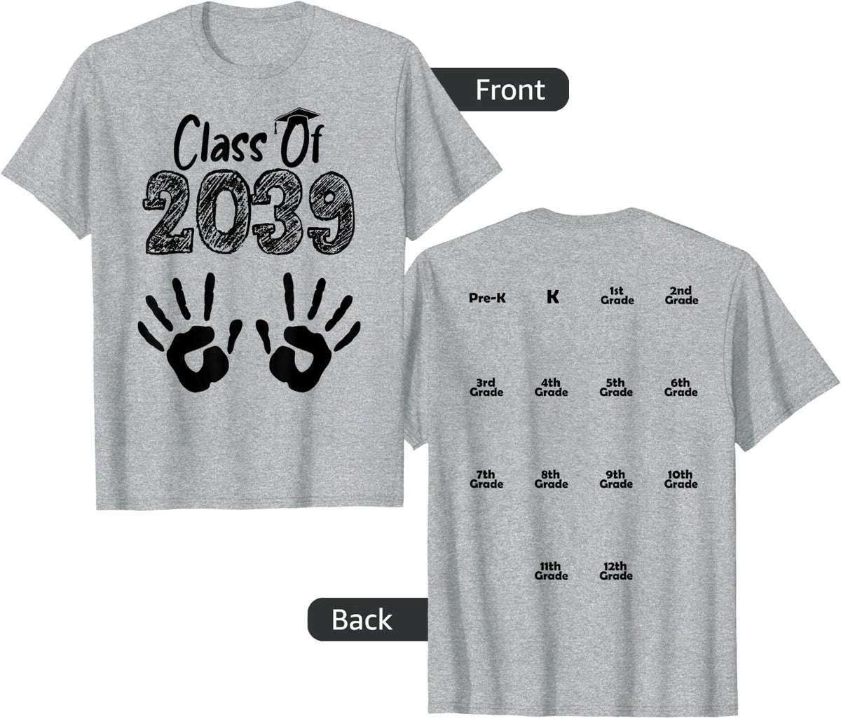 Class of 2039 Grow with Me Shirt Handprint On Back Pre-K T-Shirt - Heather Grey
