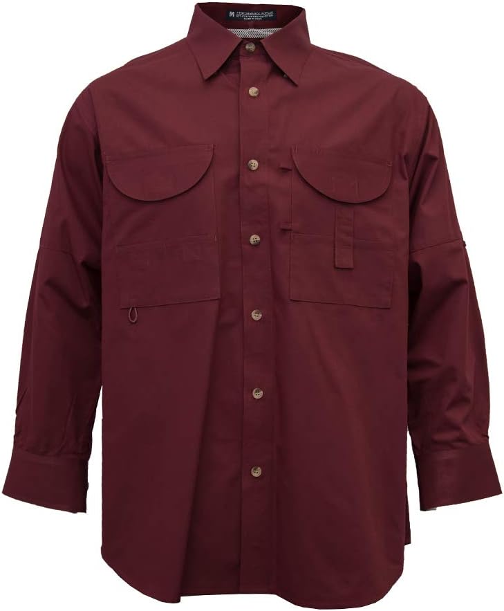 Men's Long Sleeve Fishing Shirt, Cotton-Poly Quick Dry Button Down Outdoor Shirt with Vented Back & Cargo Pockets - Maroon