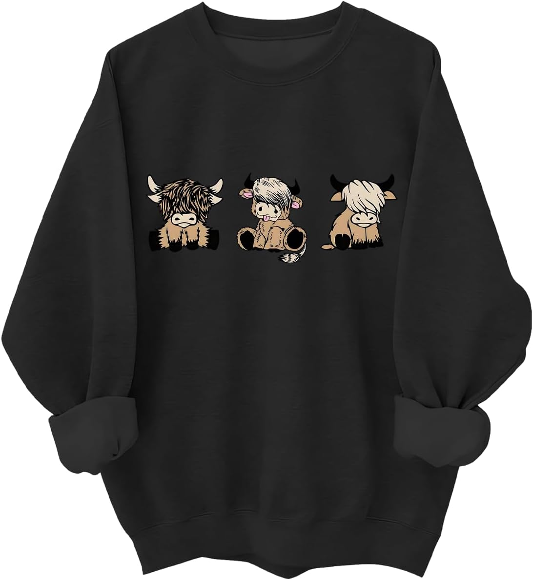 Highland Cow Sweatshirts for Women Cute Animal Farm Country Tops - Crew Neck Black-1