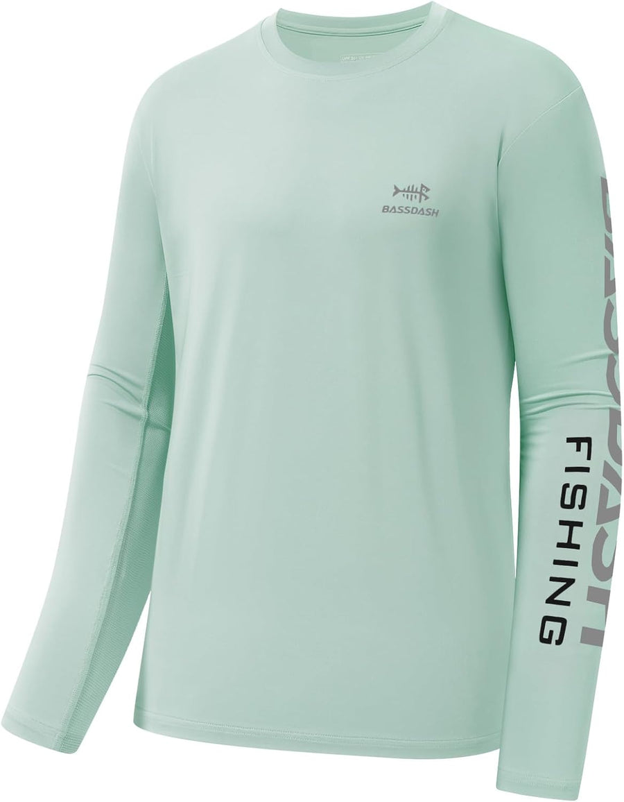 BASSDASH Fishing T Shirts for Men UV Sun Protection UPF 50+ Long Sleeve Tee T-Shirt - Pastel Teal\/Grey Logo