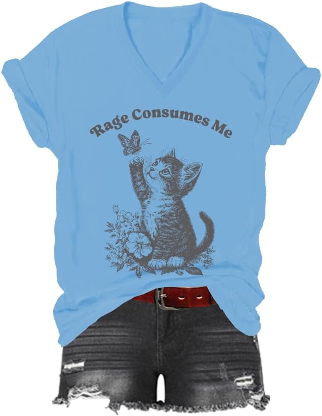Rage Consumes Me Cat Shirt, Rage Consumes Me T-Shirt, Funny Cat Classic Graphic Print Women Men V-Neck Tshirt - Sky Blue