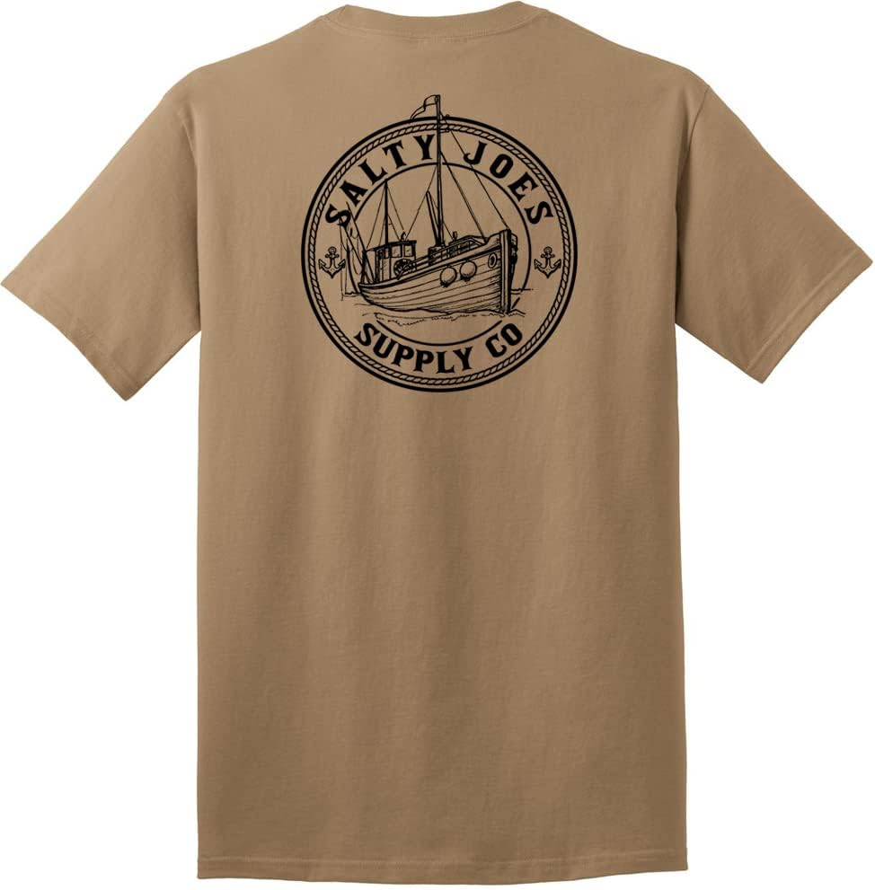 SALTY JOES Men's Fishing Trawler Logo Heavyweight Cotton Tees - Sand \/ Fishing Trawler Logo