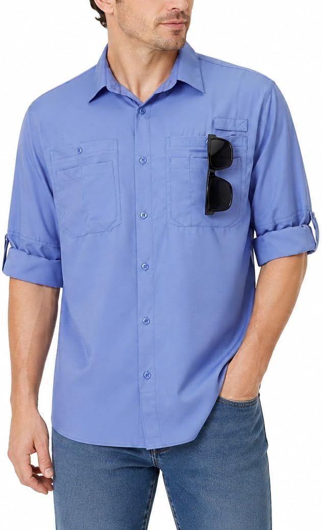 Ousafeve Men’s Fishing Shirts Long Sleeve Safari Button Down Shirts - Light Blue