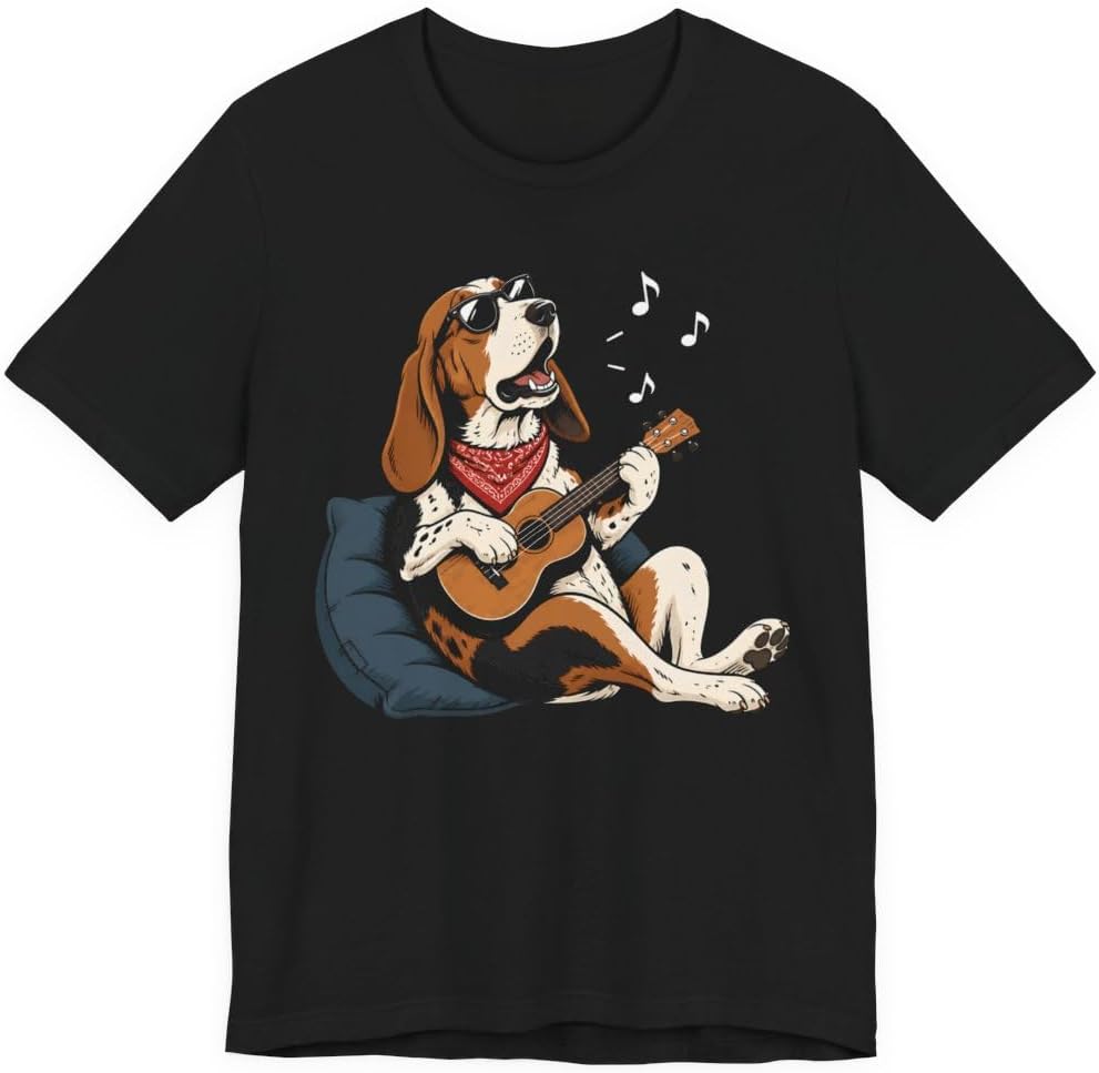 Basset Hound Graphic Tee Music Playing Dog Shirt for Pet Lovers Gift - Black