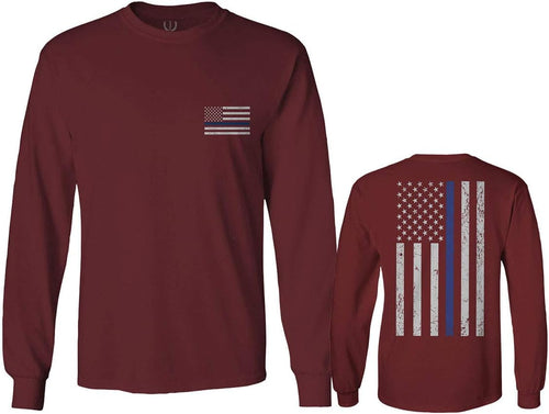 0084. American Flag Thin Blue Line Police Lives Matter Support Patriotic NY Sheriff Long Sleeve Men's - Maroon