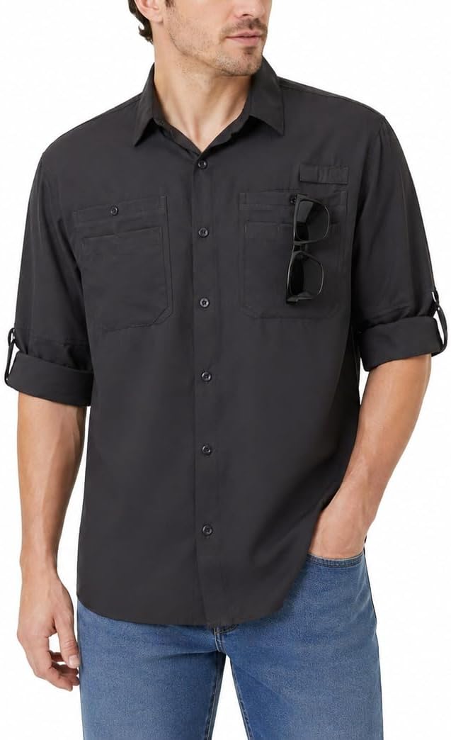 Ousafeve Men’s Fishing Shirts Long Sleeve Safari Button Down Shirts - Dark Grey