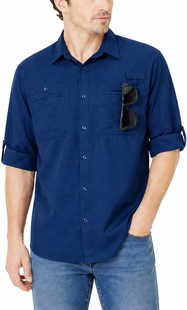 Ousafeve Men’s Fishing Shirts Long Sleeve Safari Button Down Shirts - Navy Blue