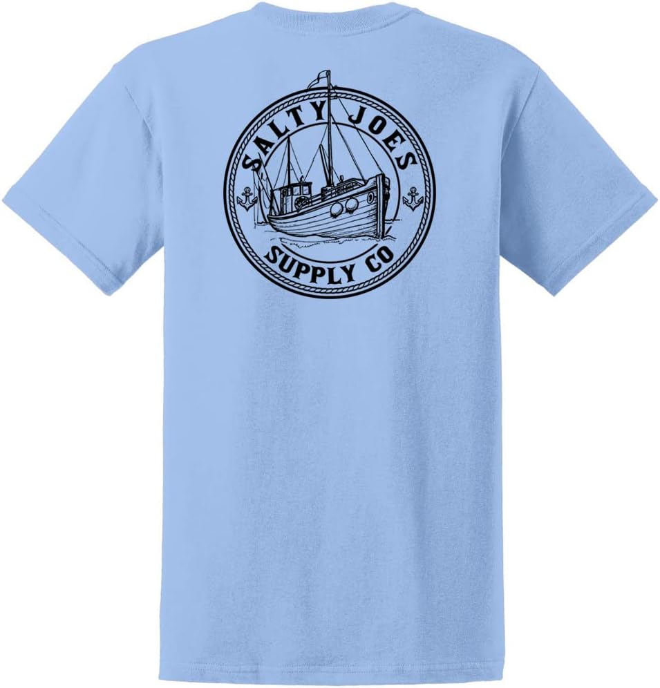 SALTY JOES Men's Fishing Trawler Logo Heavyweight Cotton Tees - Light Blue \/ Fishing Trawler Logo