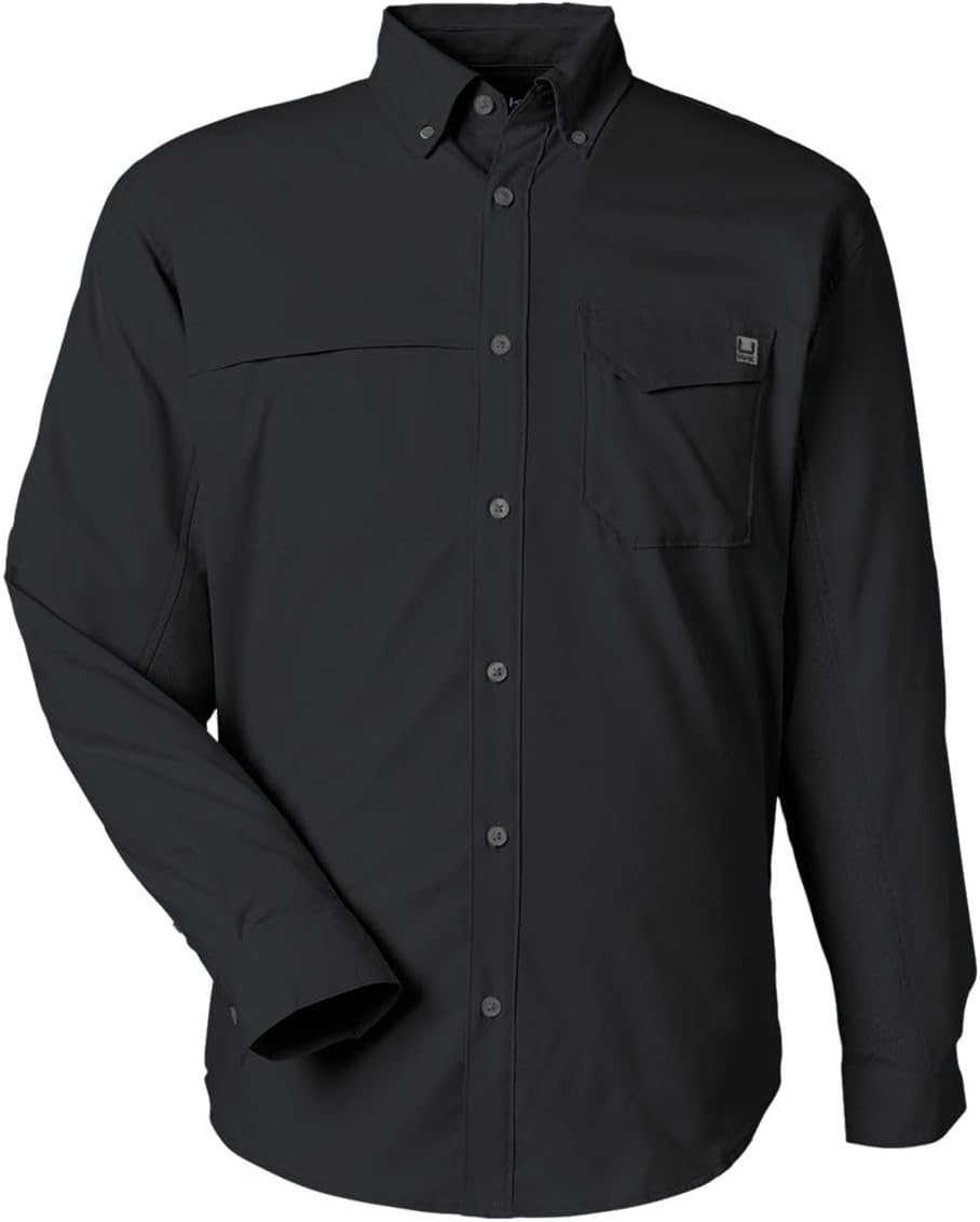 HUK Men's Tide Point Solid Long Sleeve Button Down Shirt (Available in 3X-Large) - Black