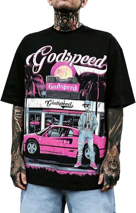 Godspeed Retro Graphic Tee Men Vintage 80s Aesthetic Streetwear T-Shirt Synthwave Car Print Oversized Top - Black