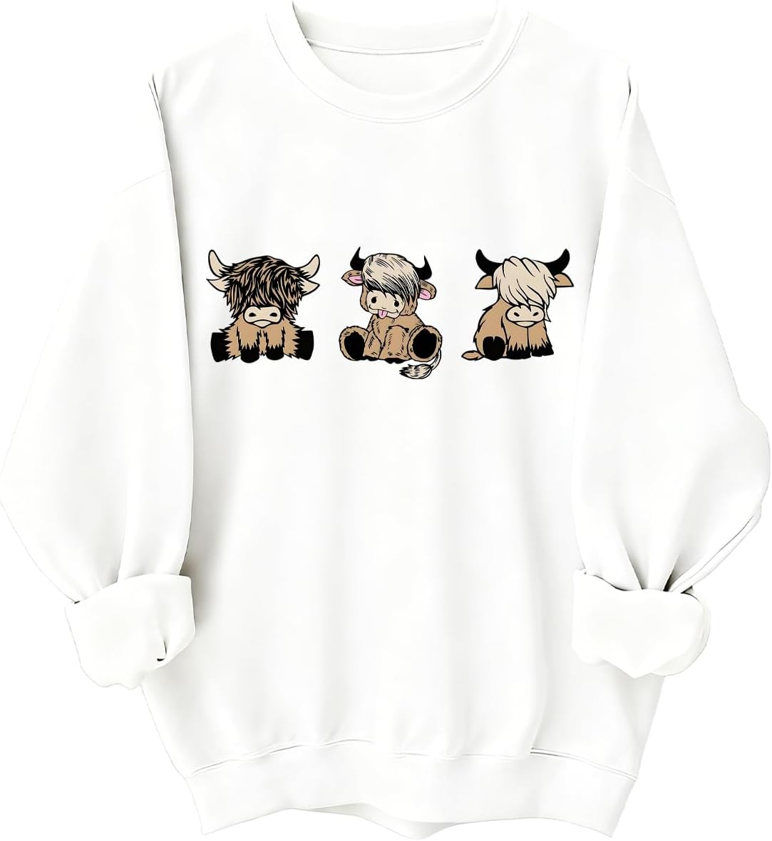 Highland Cow Sweatshirts for Women Cute Animal Farm Country Tops - Crew Neck White-1