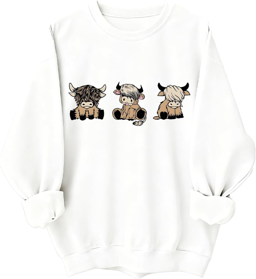 Highland Cow Sweatshirts for Women Cute Animal Farm Country Tops - Crew Neck White-1