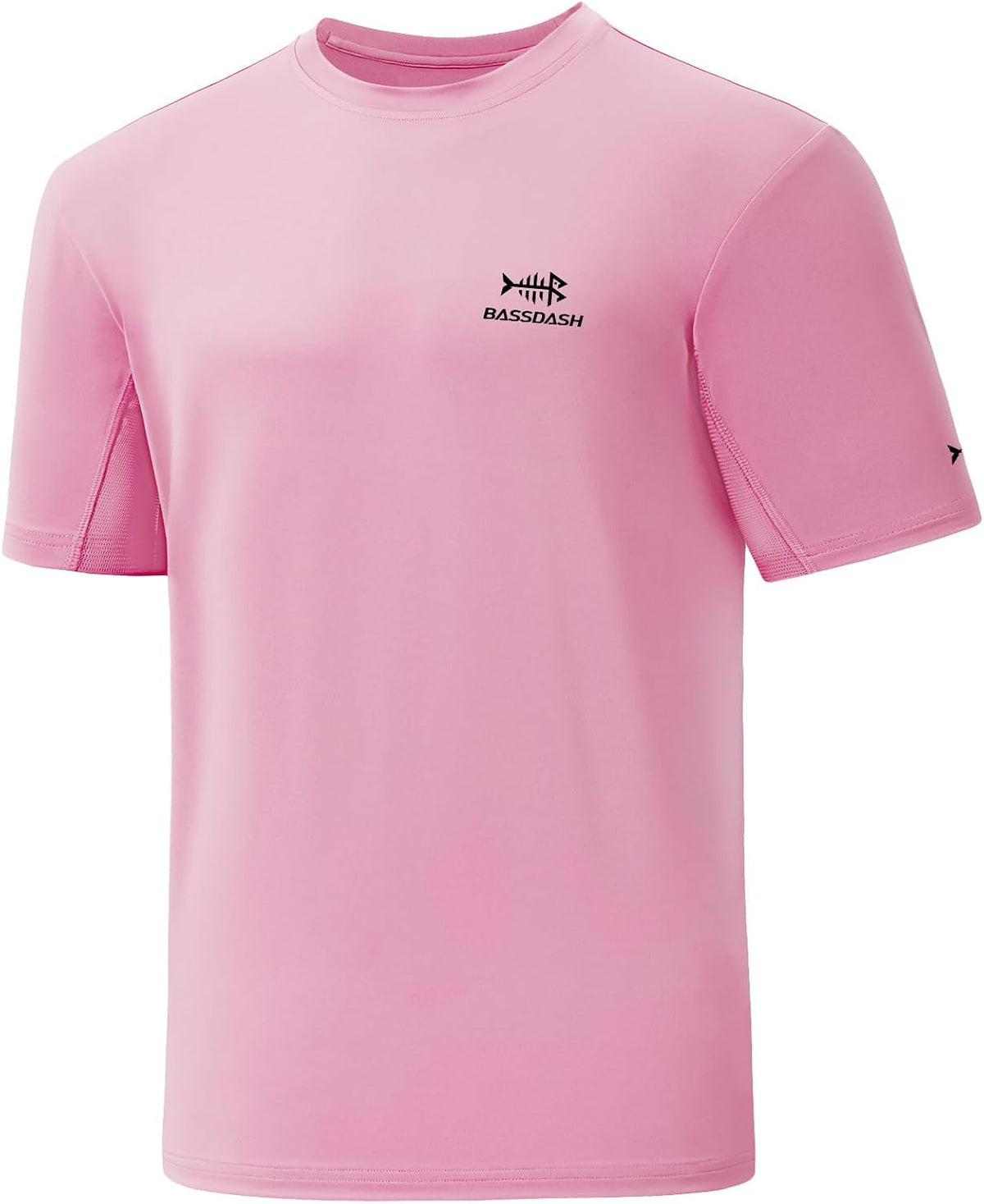 BASSDASH Men’s UPF 50+ Sun Protection Fishing Shirt Short Sleeve UV T-Shirt - Light Pink\/Black Logo