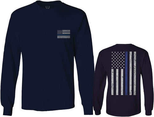 0084. American Flag Thin Blue Line Police Lives Matter Support Patriotic NY Sheriff Long Sleeve Men's - Navy Blue