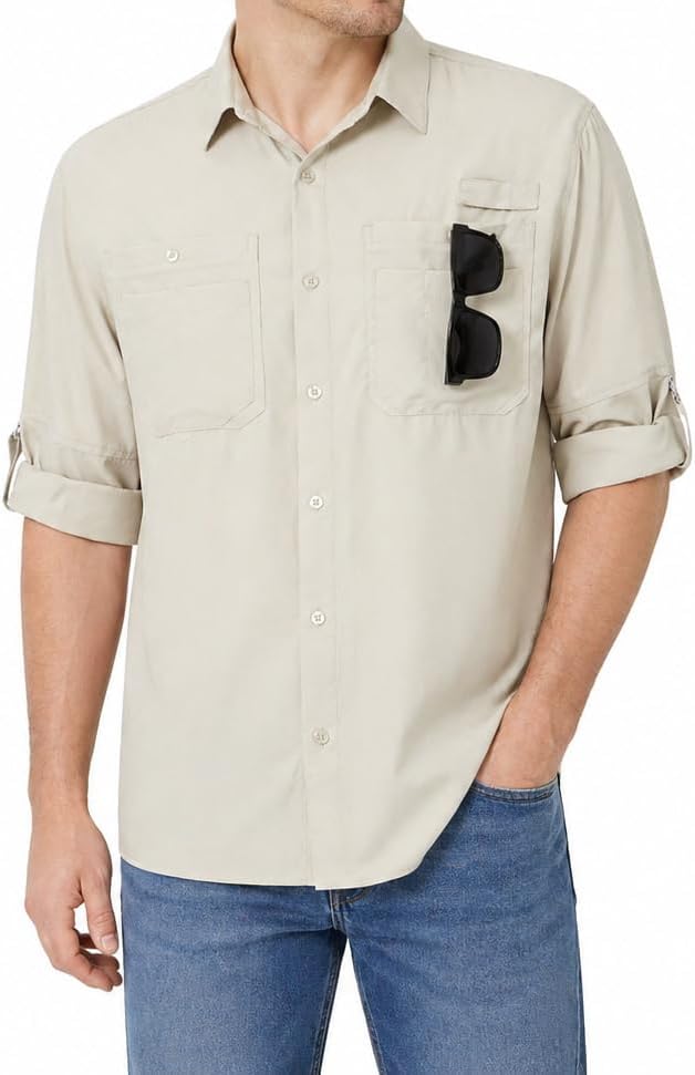 Ousafeve Men’s Fishing Shirts Long Sleeve Safari Button Down Shirts - Khaki