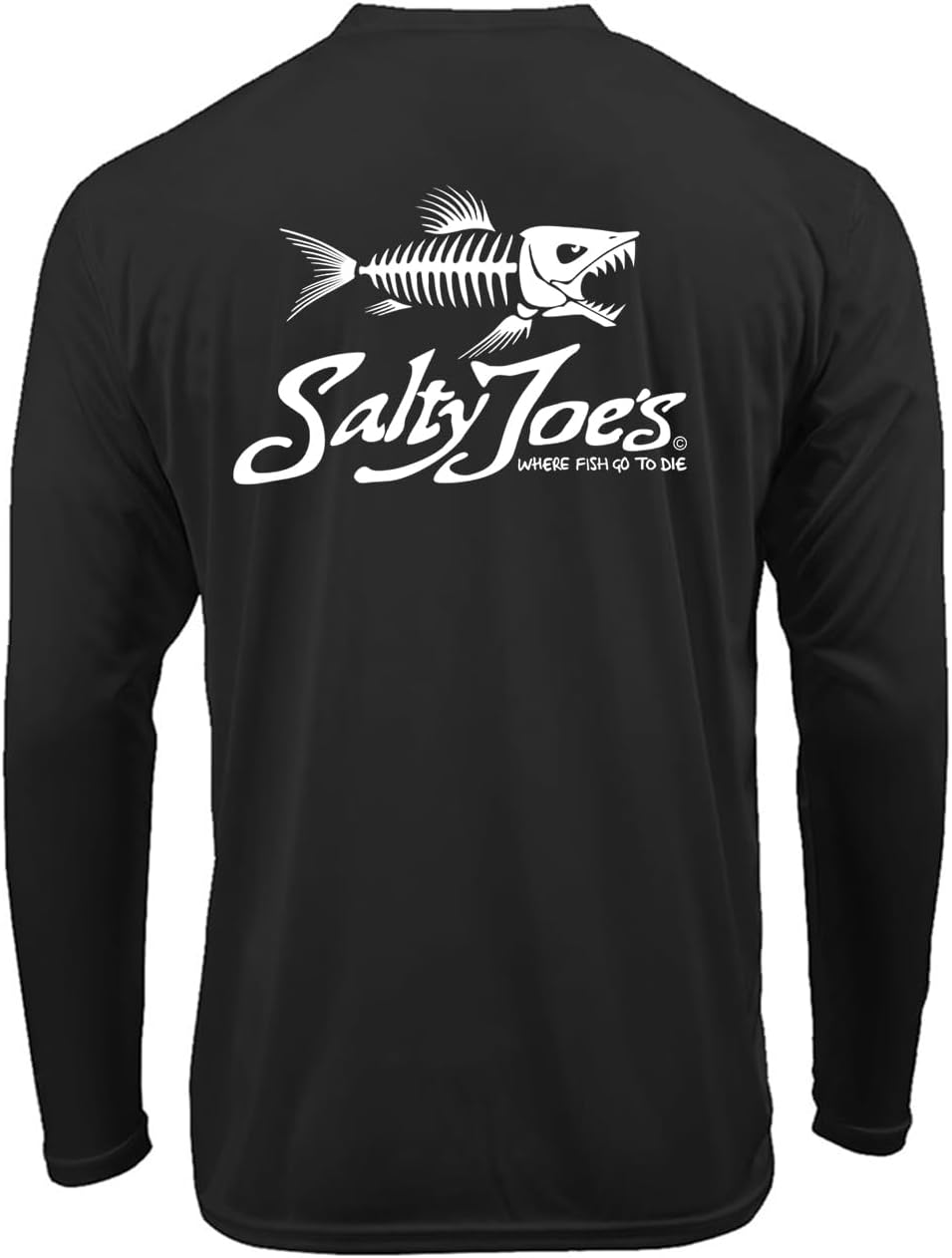 SALTY JOES UPF 50 Graphic Long Sleeve Performance Fishing Shirt Collection - Black \/ White Skeleton Fish Logo