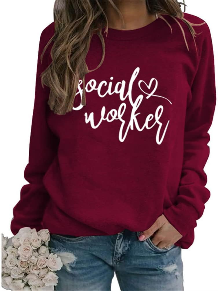 Womens Social Worker Shirt Casual Long Sleeve Sweatshirt Loose Basic Shirt Lightweight Pullovers Top - Red