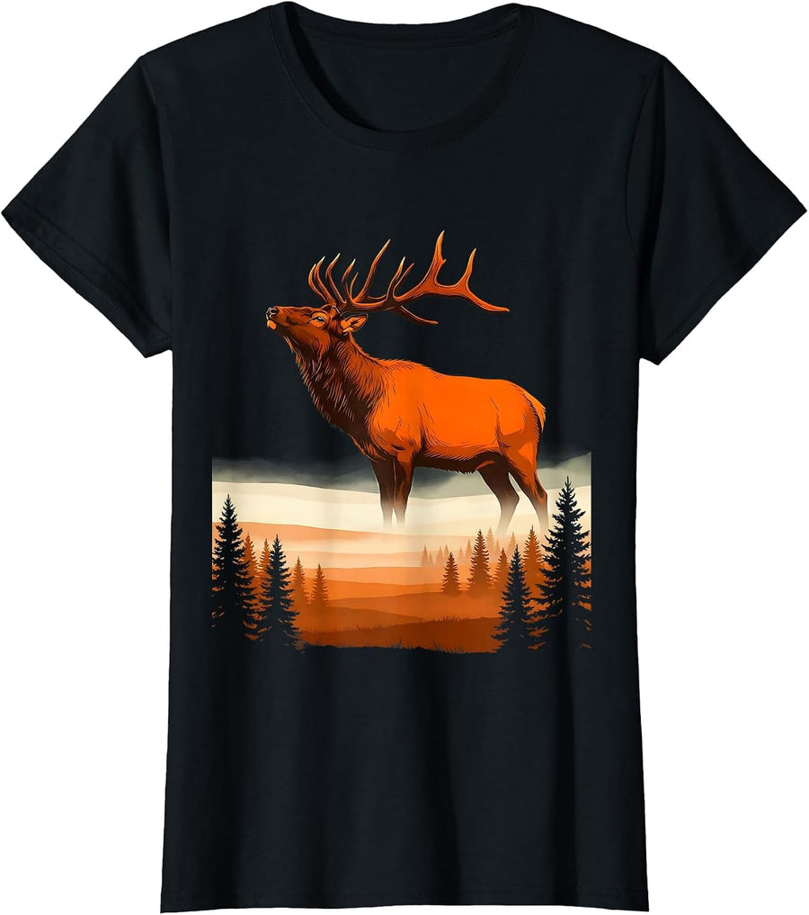 Bull Elk Bugling in Foggy Meadow Fall Design T-Shirt - Black