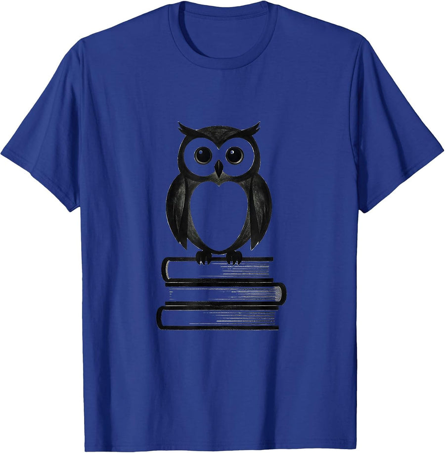 Owl Perched on Stack of Books Illustration T-Shirt - Royal Blue