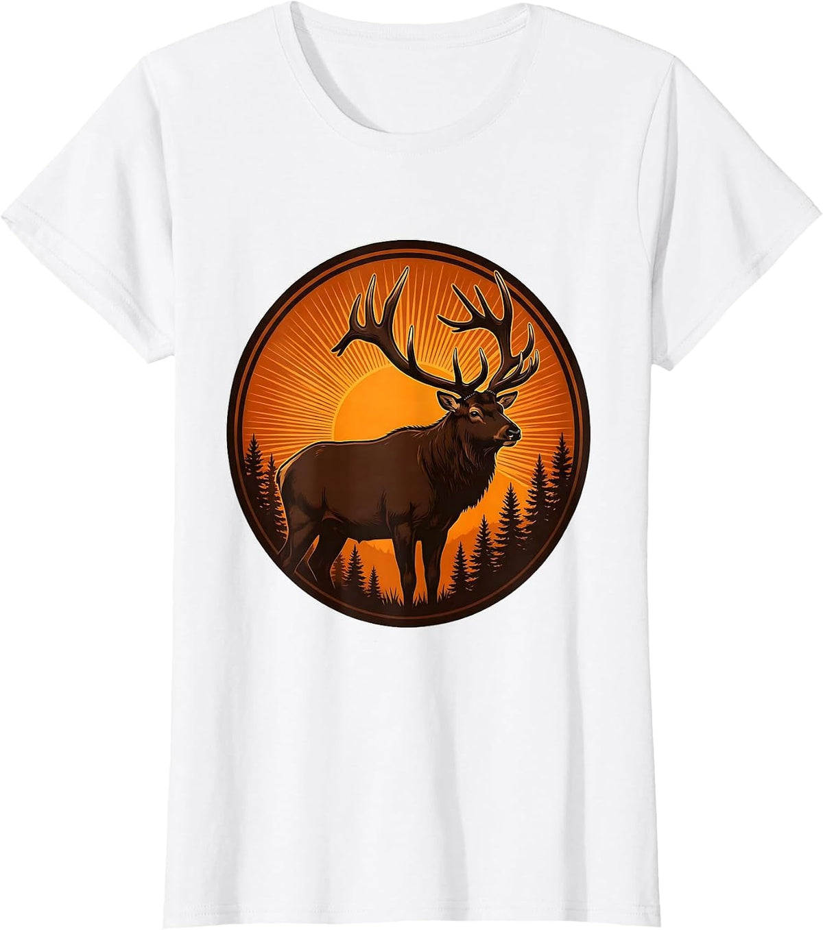Women's Elk Silhouette Orange Sunset Fall Nature Design T-Shirt - White