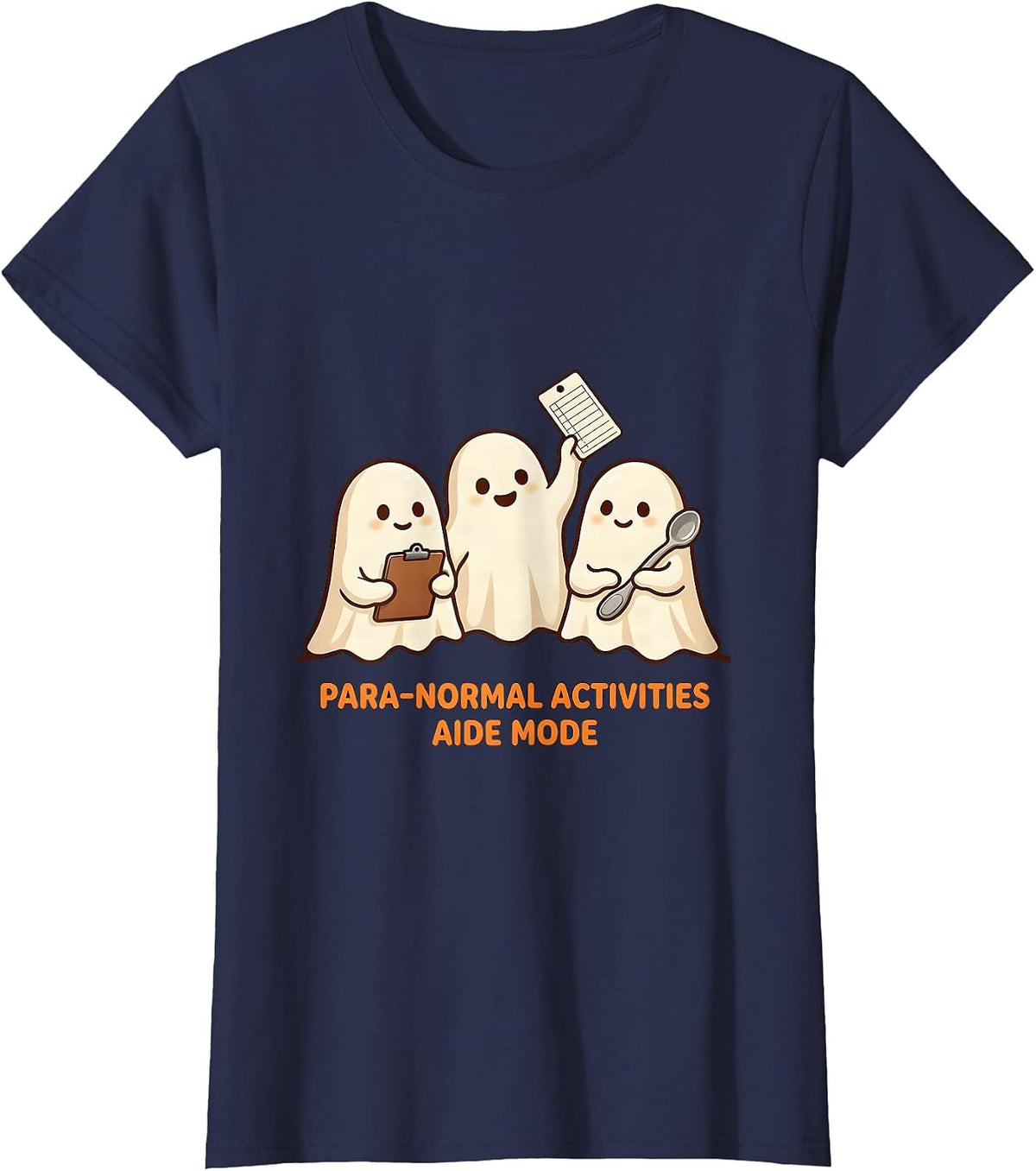 Women's Para-Normal Activities Aide Mode Cute Kawaii Ghost SpEd T-Shirt - Navy Blue