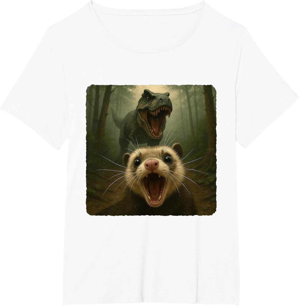Ferret Selfie T-Rex Dinosaur Chase Funny Humor T-Shirt - White