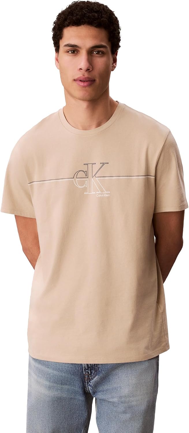 Calvin Klein Men's Classic Fit Short Sleeve Ck Line Crewneck Tee - White Pepper