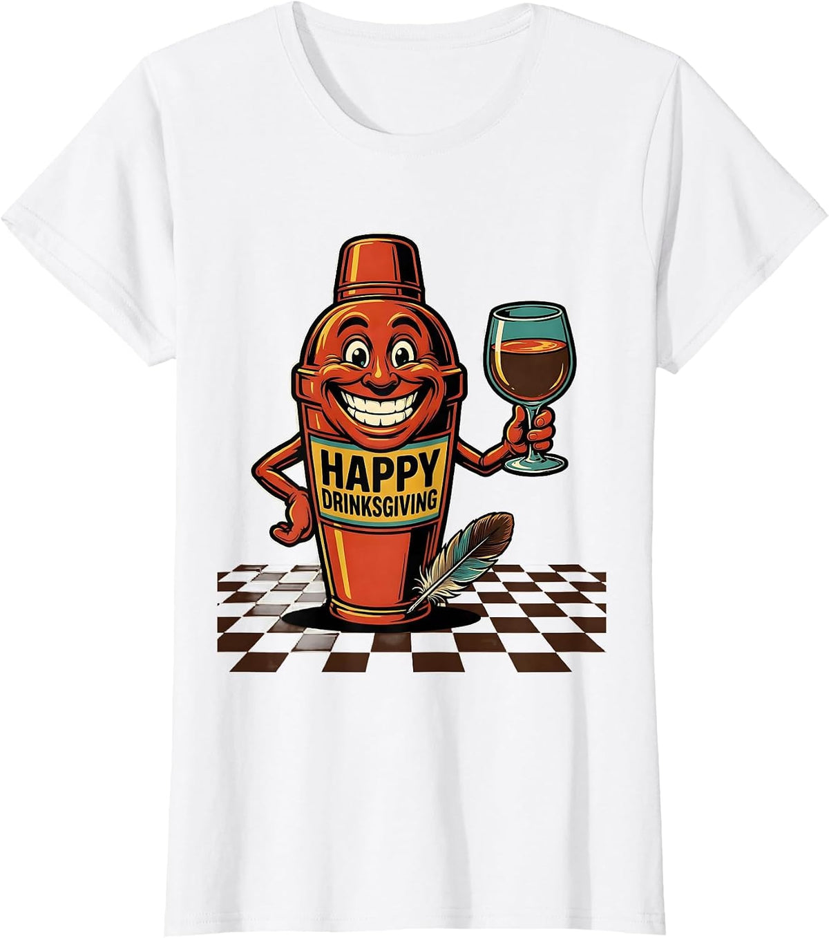Happy Drinksgiving Retro Advertising Mascot Drinking Humor T-Shirt - White