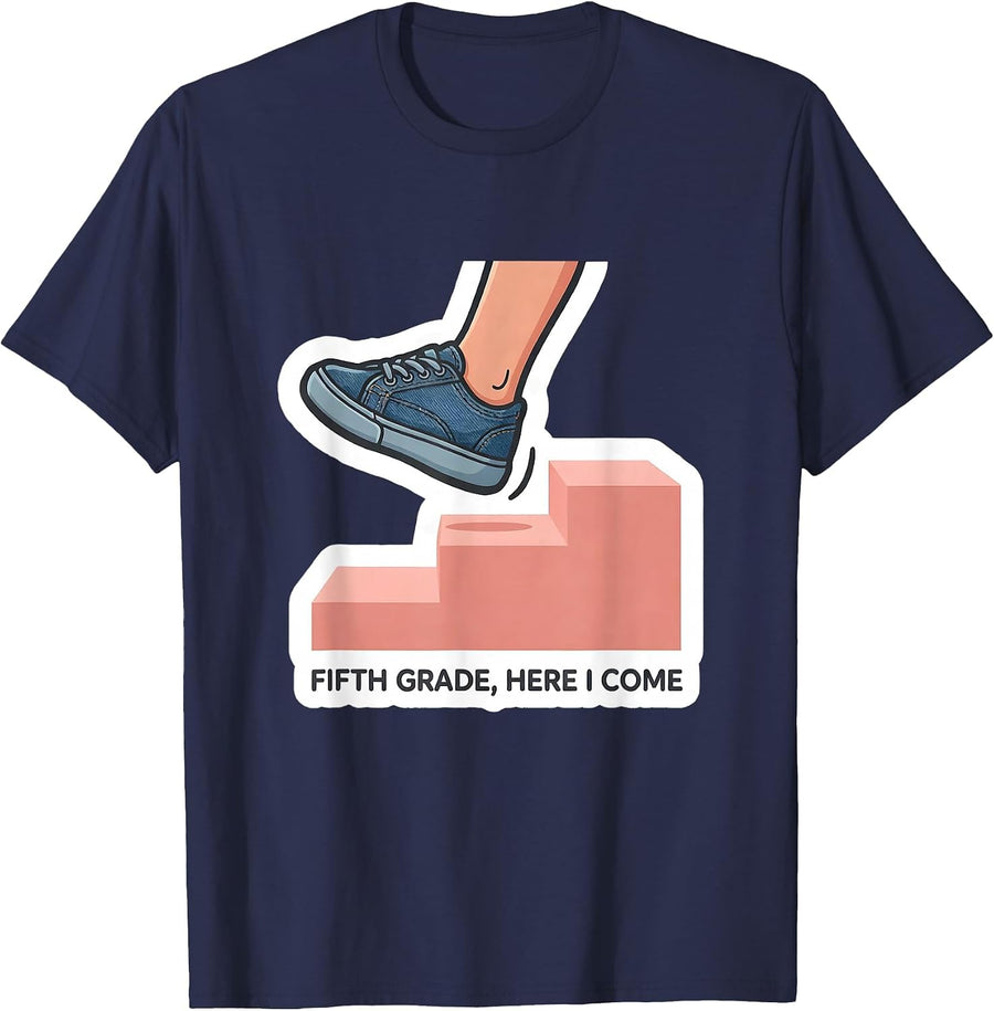 Fifth Grade Here I Come Cute Back To School Girls Sticker T-Shirt - Navy Blue