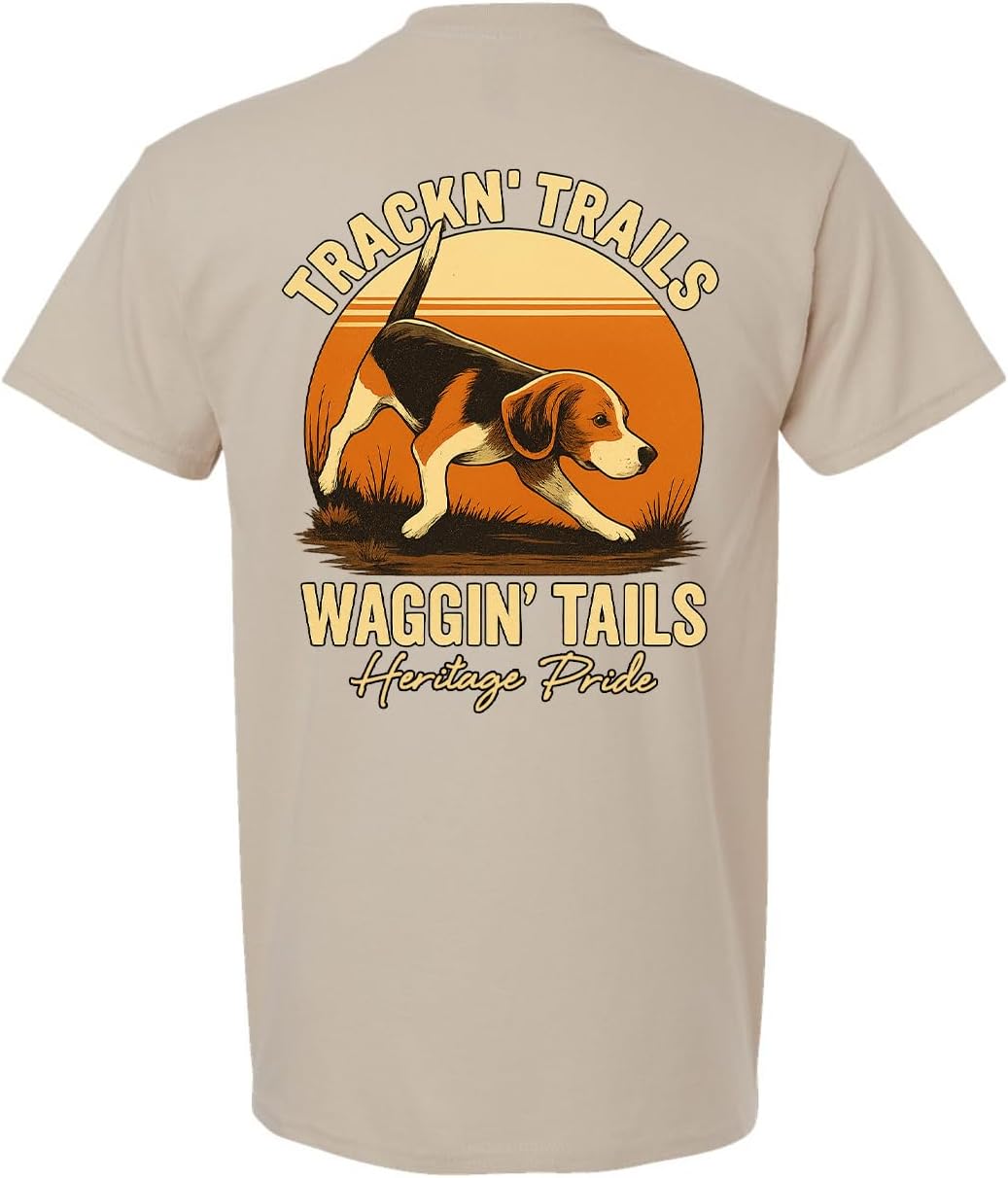 Heritage Pride Men's Beagle Hunting Short Sleeve T-Shirt - Trackin' Trails Waggin' Tails Graphic Tee - Sand