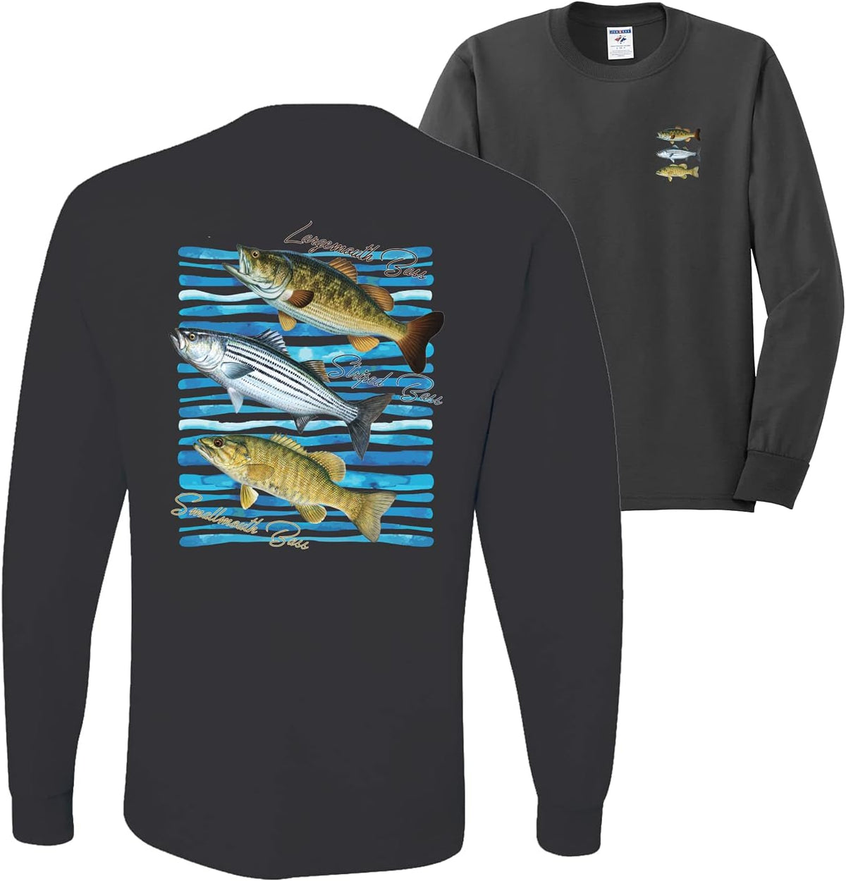 Largemouth Striped Smallmouth Big Bass Fish Fishing Front and Back Mens Long Sleeve Shirt - Charcoal