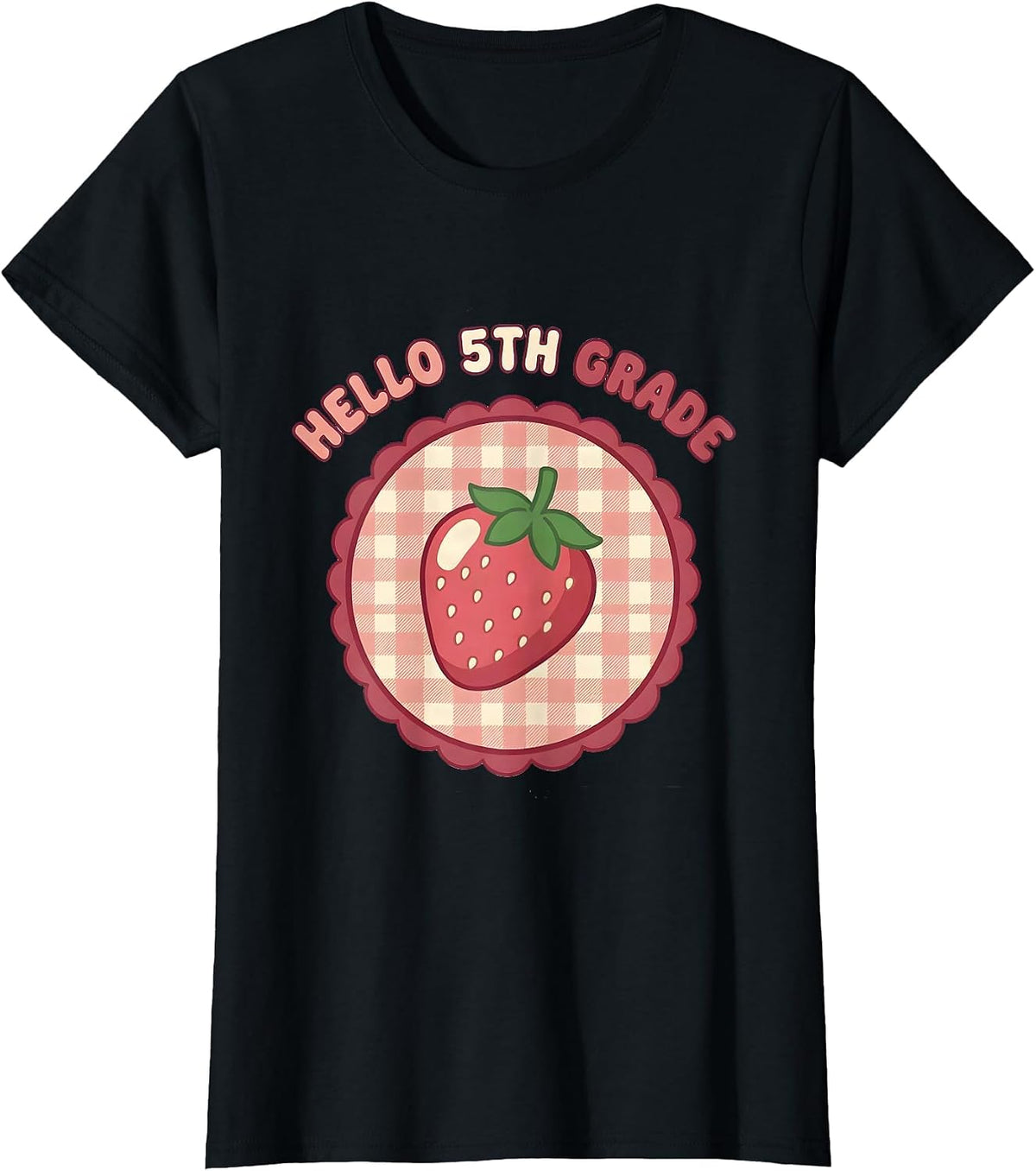 Hello 5th Grade Cute Gingham Picnic Back to School Girl T-Shirt - Black