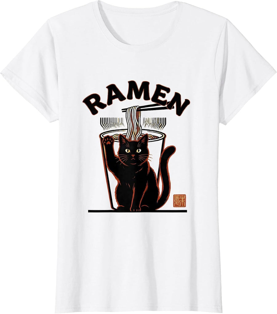 Women's RAMEN Cute Kawaii Cat Anime Gamer Otaku Funny Japanese Art T-Shirt - White