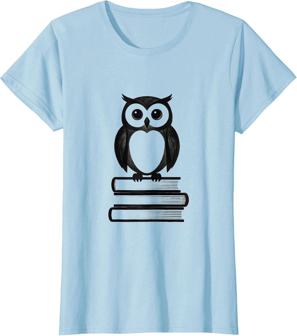Owl Perched on Stack of Books Illustration T-Shirt - Baby Blue