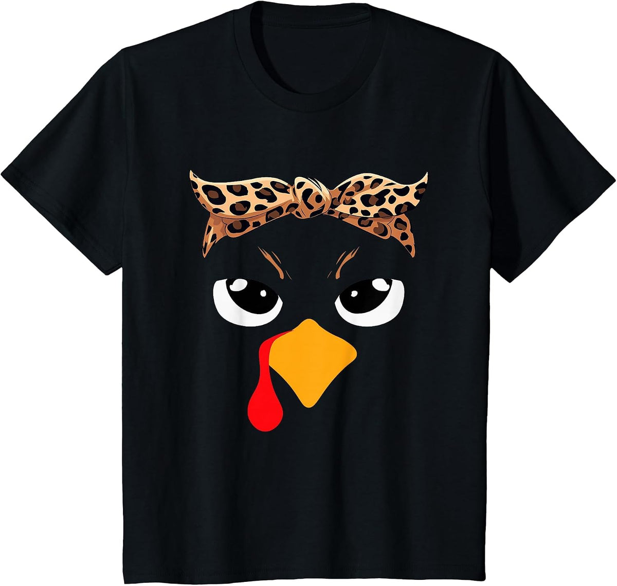 Girls Thanksgiving Turkey Face Leopard Bandana Women Turkey T-Shirt - Black