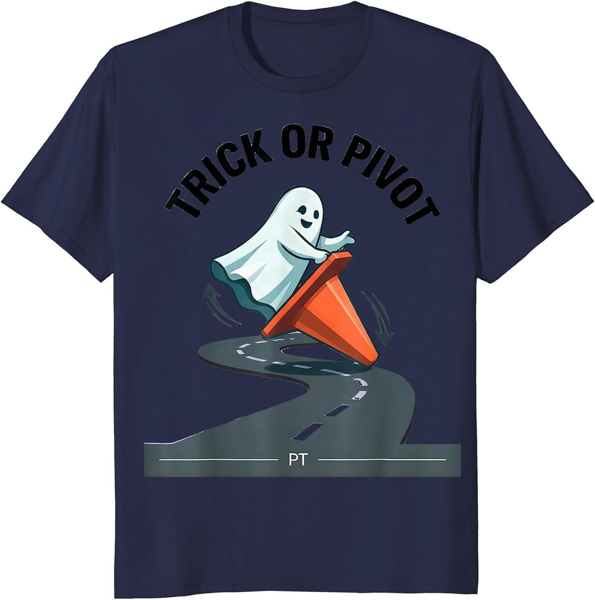 Trick Or Pivot PT Funny Physical Therapy Halloween Ghost T-Shirt - Navy Blue