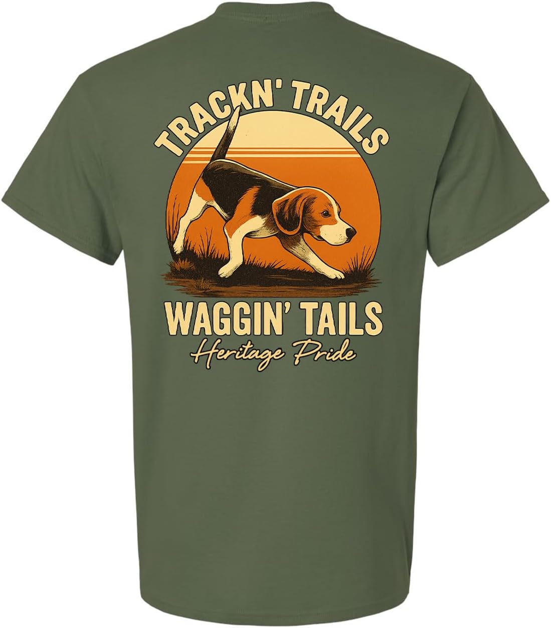 Heritage Pride Men's Beagle Hunting Short Sleeve T-Shirt - Trackin' Trails Waggin' Tails Graphic Tee - Military