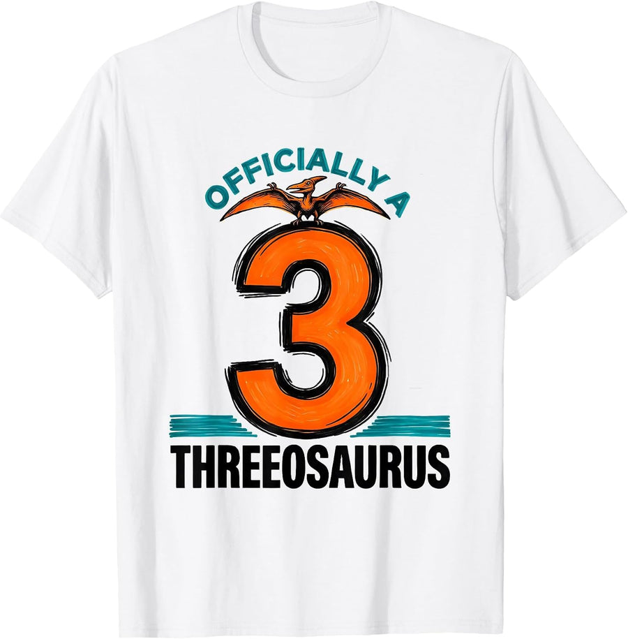 Men's Officially A Threeosaurus Funny Dinosaur Kids Back To School T-Shirt - White