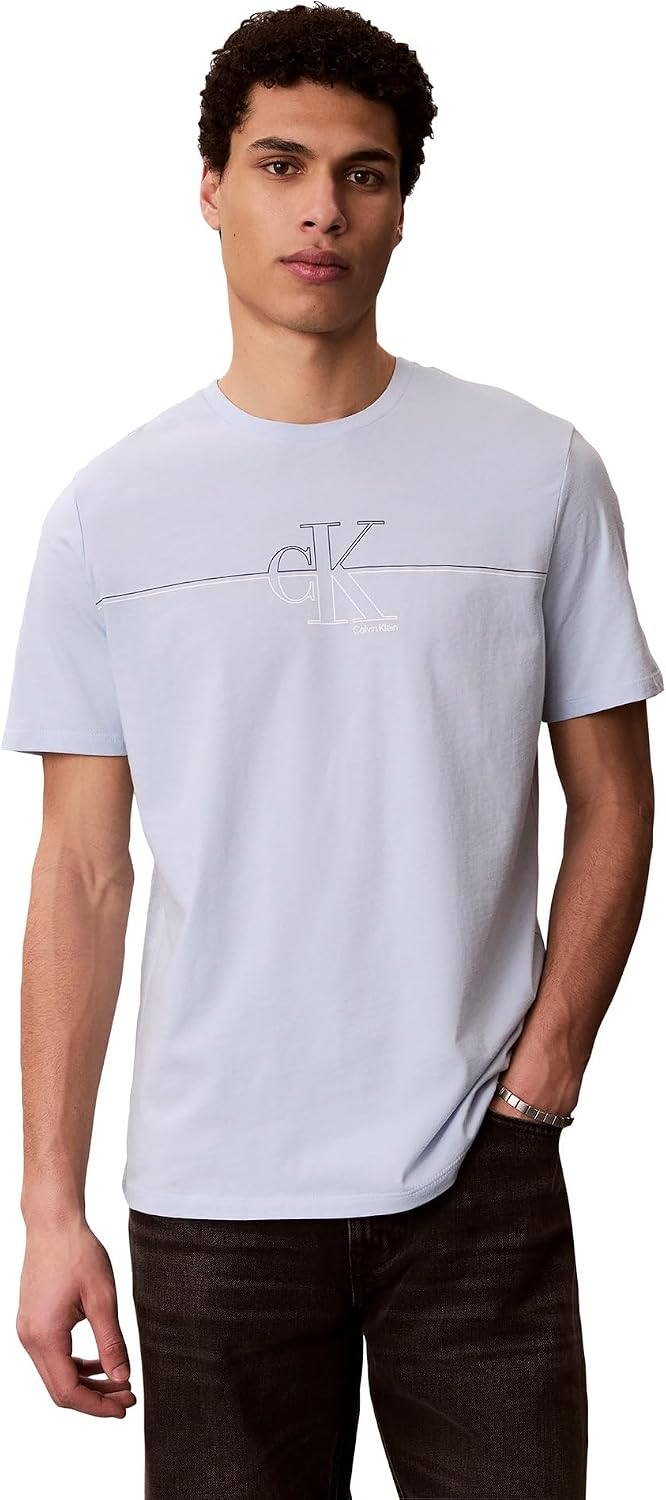 Calvin Klein Men's Classic Fit Short Sleeve Ck Line Crewneck Tee - Breezy Blue