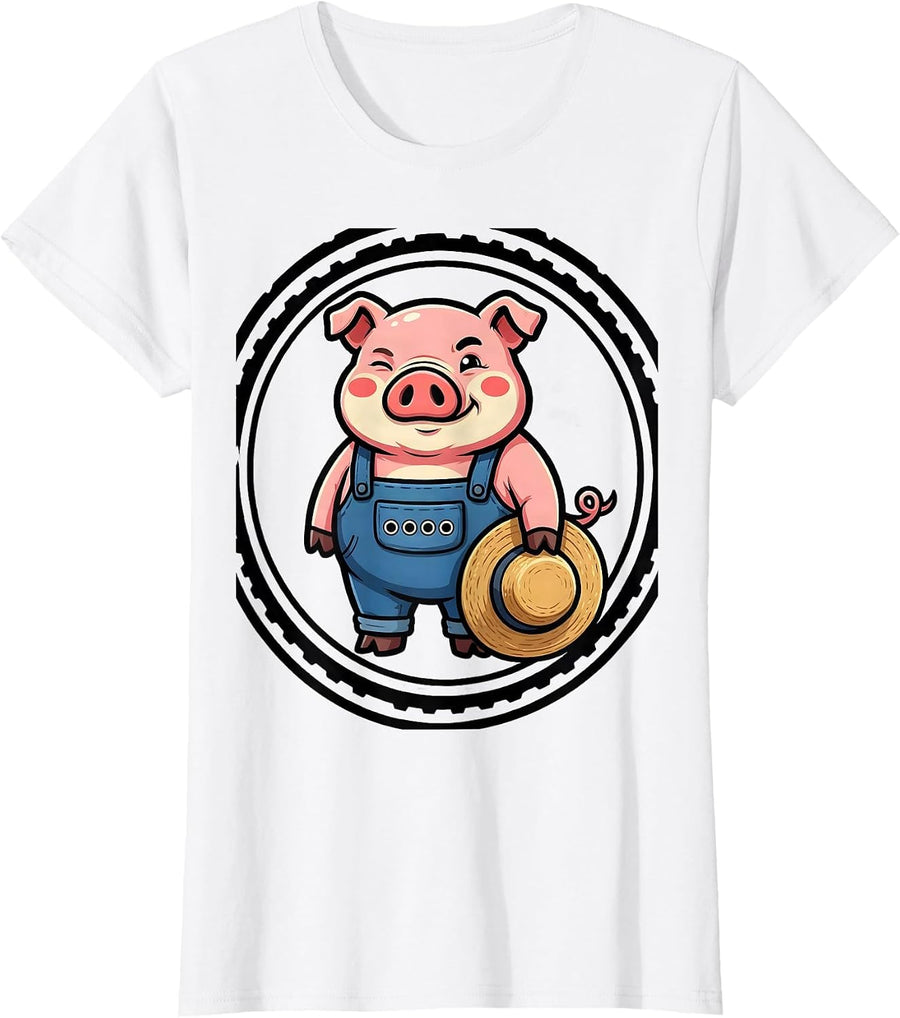 Women's Bouncy Pig Cartoon Pig Lover Halloween Novelty T-Shirt - White