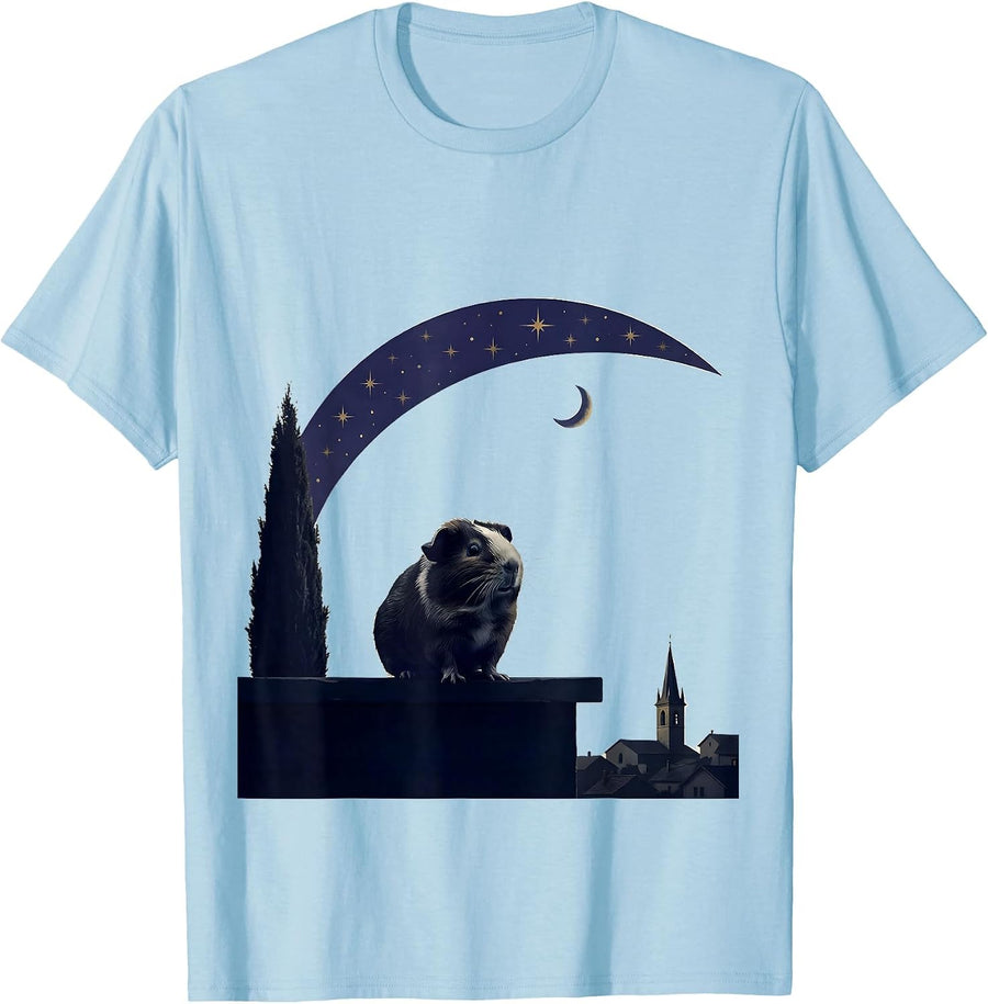 Men's Guinea Pig Starry Night Minimalist Animal Lover Art Parody T-Shirt - Baby Blue