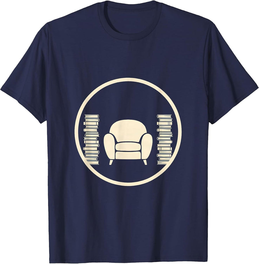 Cozy Armchair Book Piles Support Your Local Library T-Shirt - Navy Blue
