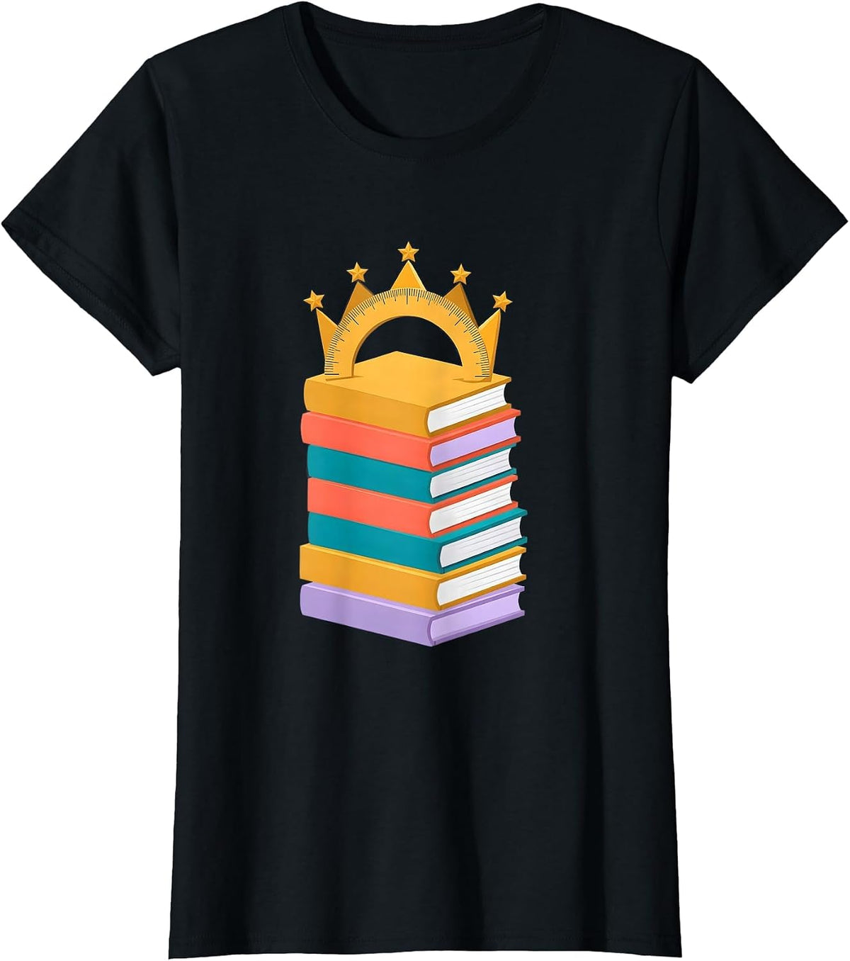 Preschool Teacher Ruler Crown Books Illustration T-Shirt - Black