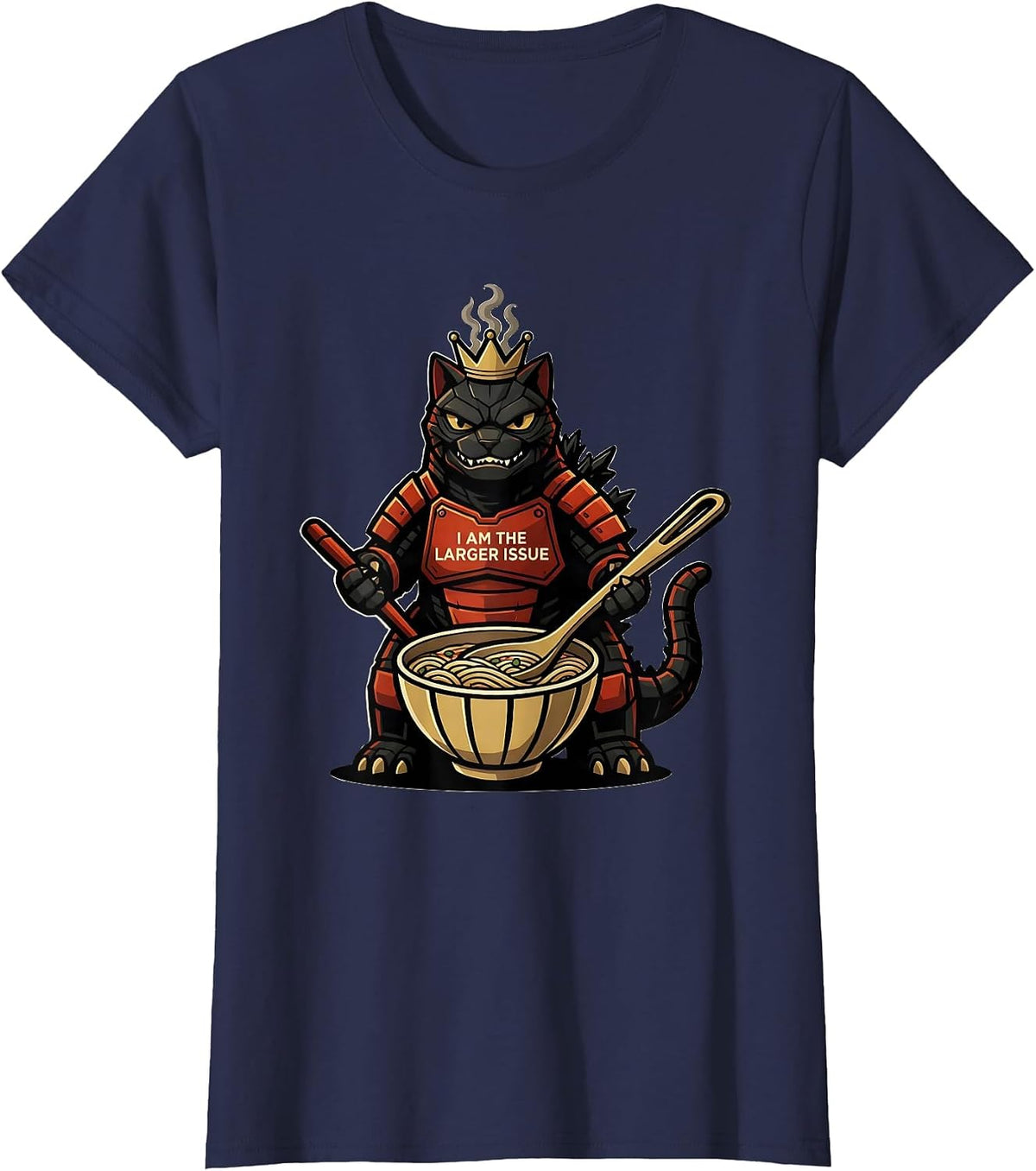 Women's I Am The Larger Issue Funny Kaiju Cat Ramen Samurai Art T-Shirt - Navy Blue