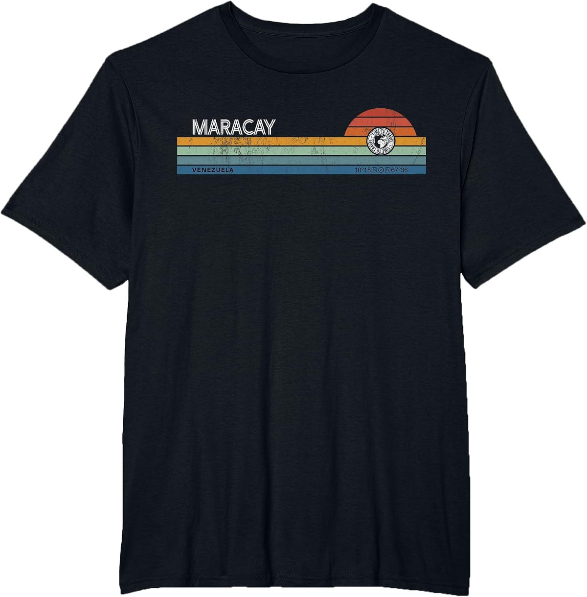 Maracay Venezuela Retro Sunset Rainbow Synth Striped T-Shirt - Black