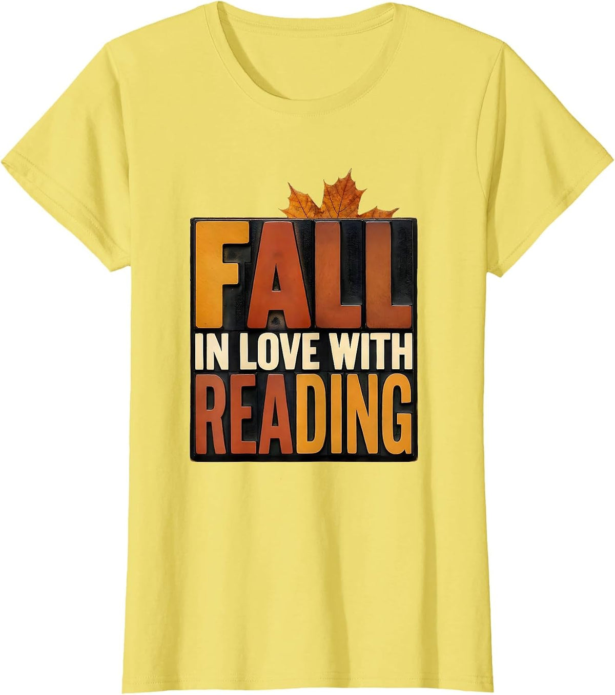 Women's Fall In Love With Reading Wood Type Teacher Book Lover T-Shirt - Lemon Yellow